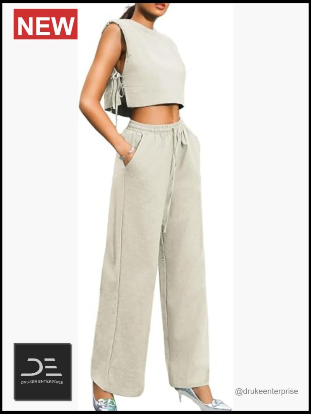 Casual Linen Two Piece Set: Sleeveless Crop Top & Wide Leg Pants
